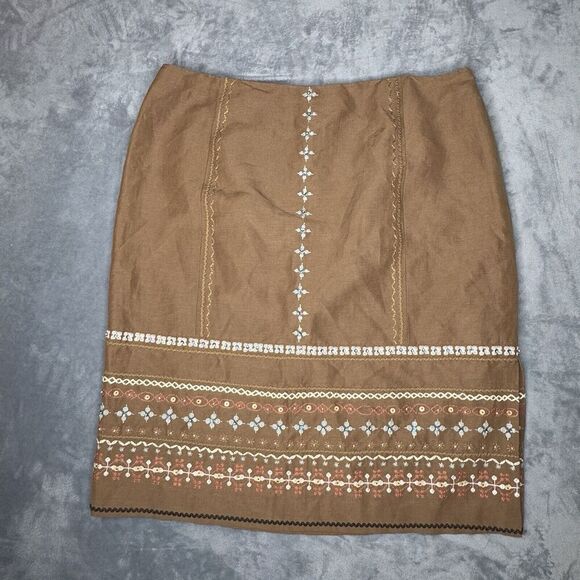 Talbots Sz 16 Linen Silk Blend Light Brown Floral Embroidered Side Slit Skirt - Picture 3 of 13